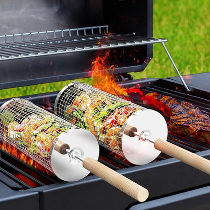 Grillkorb Set Holzgriff 2 Stk 28.5cm Grill Zubehör Drehspieß