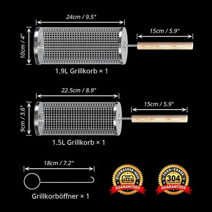 Grillkorb Set Holzgriff 2 Stk 28.5cm Grill Zubehör Drehspieß