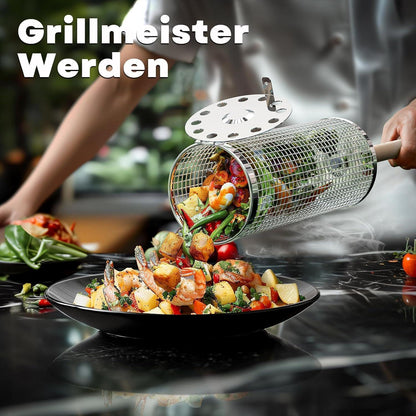Grillkorb Set Holzgriff 2 Stk 28.5cm Grill Zubehör Drehspieß