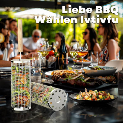 Grillkorb Set Holzgriff 2 Stk 28.5cm Grill Zubehör Drehspieß