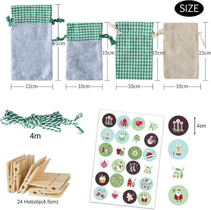 Adventskalender Stoffbeutel zum Befüllen Xmas Aufkleber 24er Set Grün