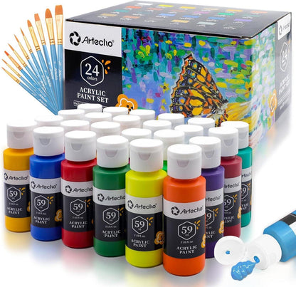Acrylfarben Set 24 Farben 59ml mit Pinsel, Wasserdicht, Lichtbeständig