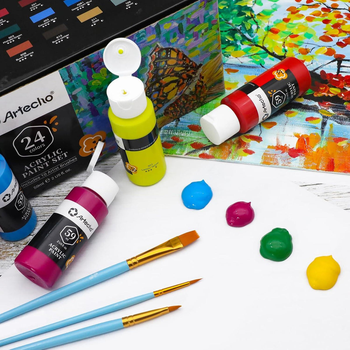 Artecho Acrylfarben Set 24 Farben 59ml + 10-teilige Pinsel Wasserfest