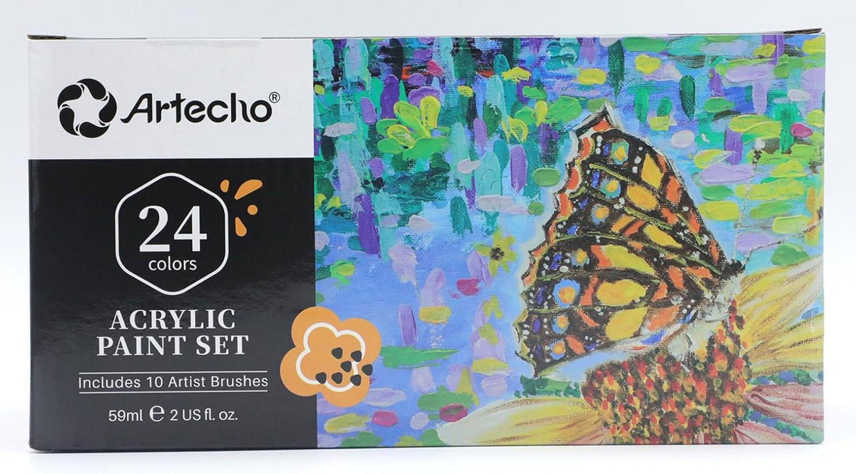 Artecho Acrylfarben Set 24 Farben 59ml + 10-teilige Pinsel Wasserfest