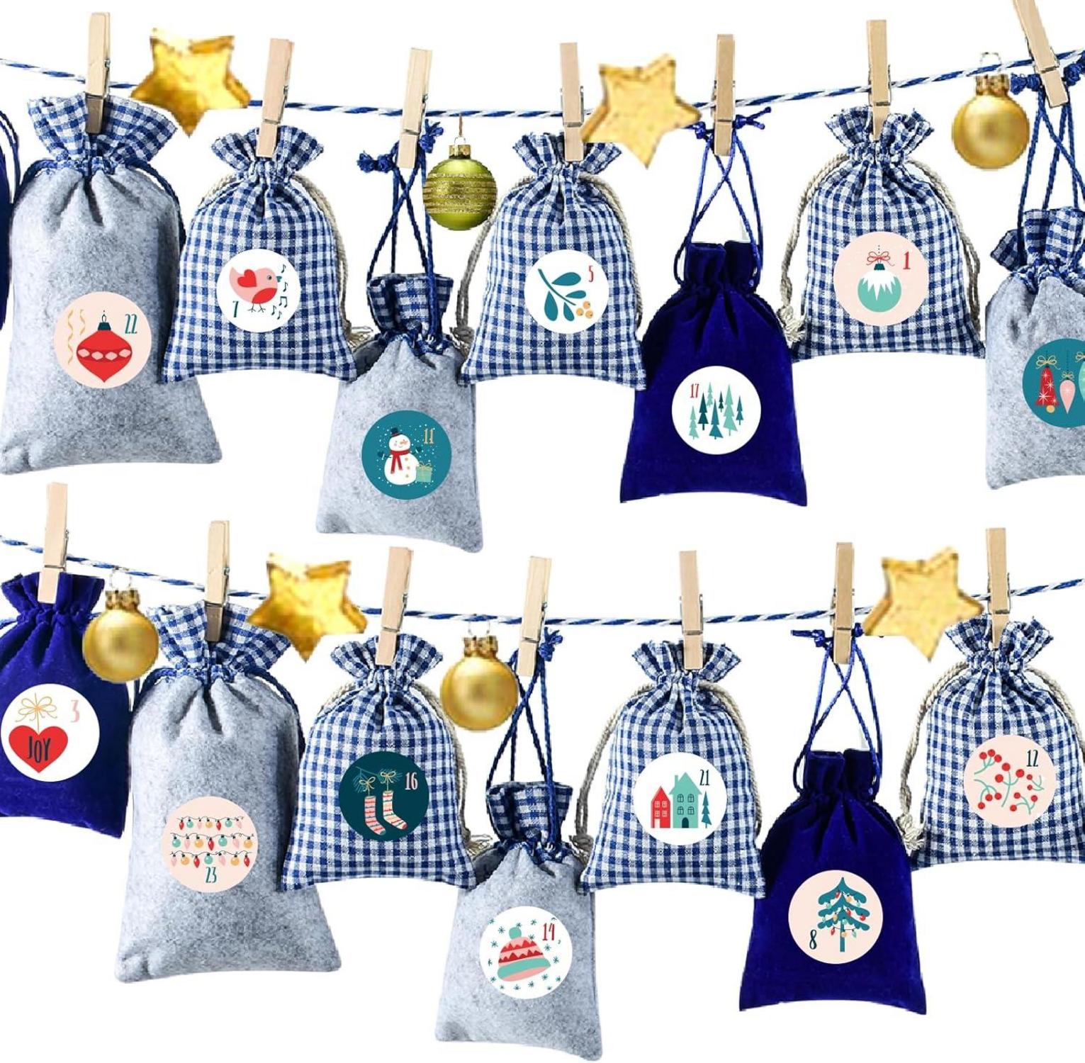 Adventskalender Stoffbeutel zum Befüllen Weihnachtskalender Groß 24 Kinder Blau