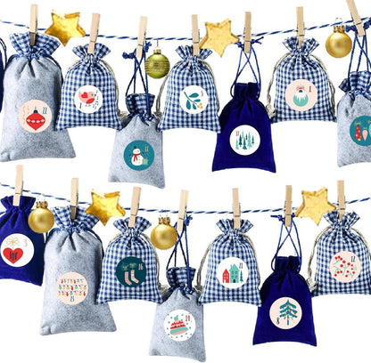 Adventskalender Stoffbeutel zum Befüllen Weihnachtskalender Groß 24 Kinder Blau