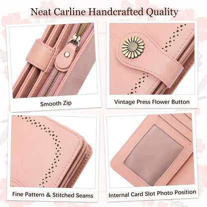 TEUEN Damen Geldbörse Leder RFID Schutz 24 Kartenfächer Vintage Rosa