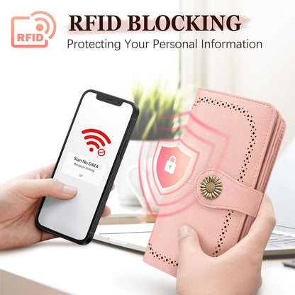TEUEN Große Damen Geldbörse Leder RFID Schutz 25 Fächer Handyfach Vintage Grün