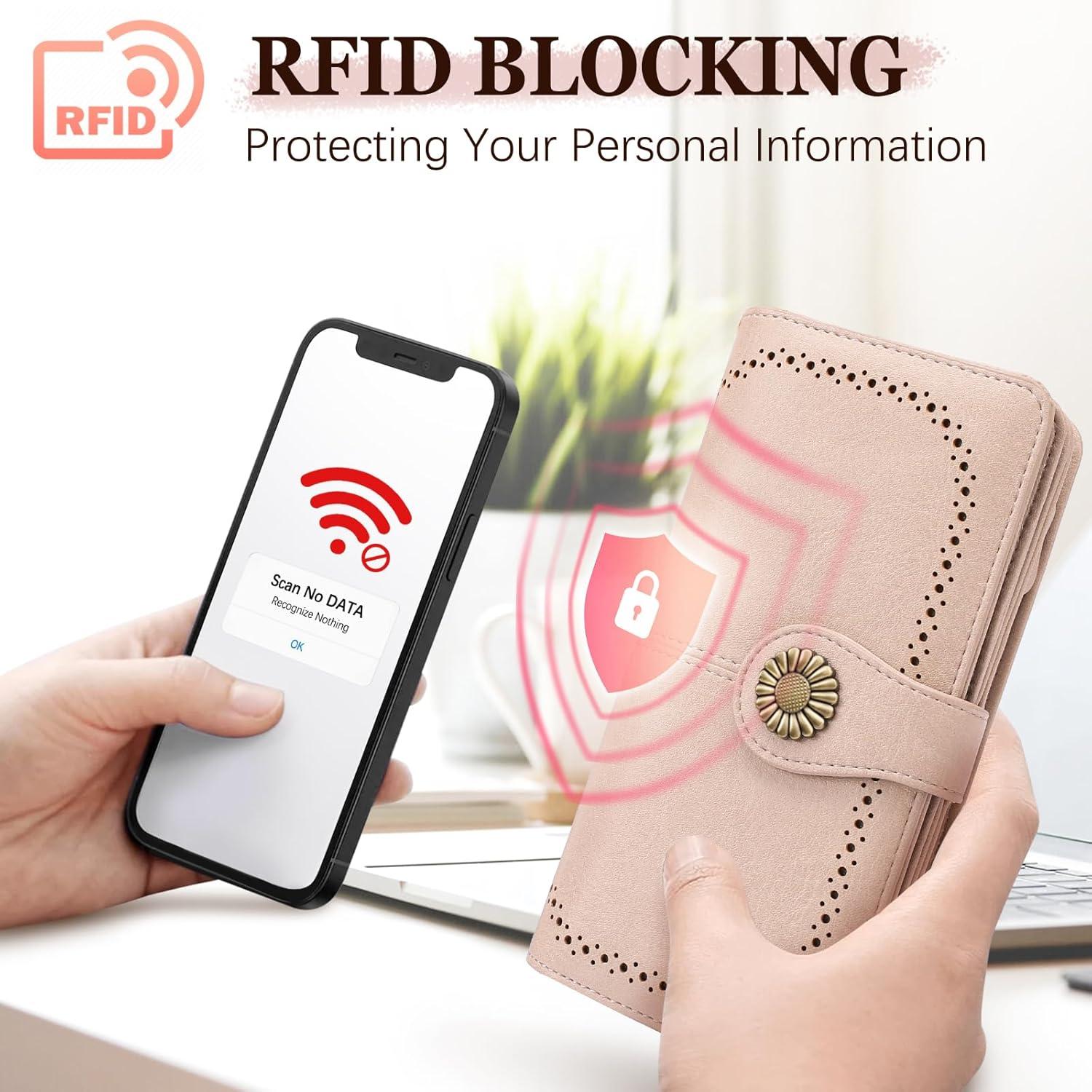 TEUEN Damen Geldbörse Leder RFID Schutz 24 Kartenfächer Blassrosa