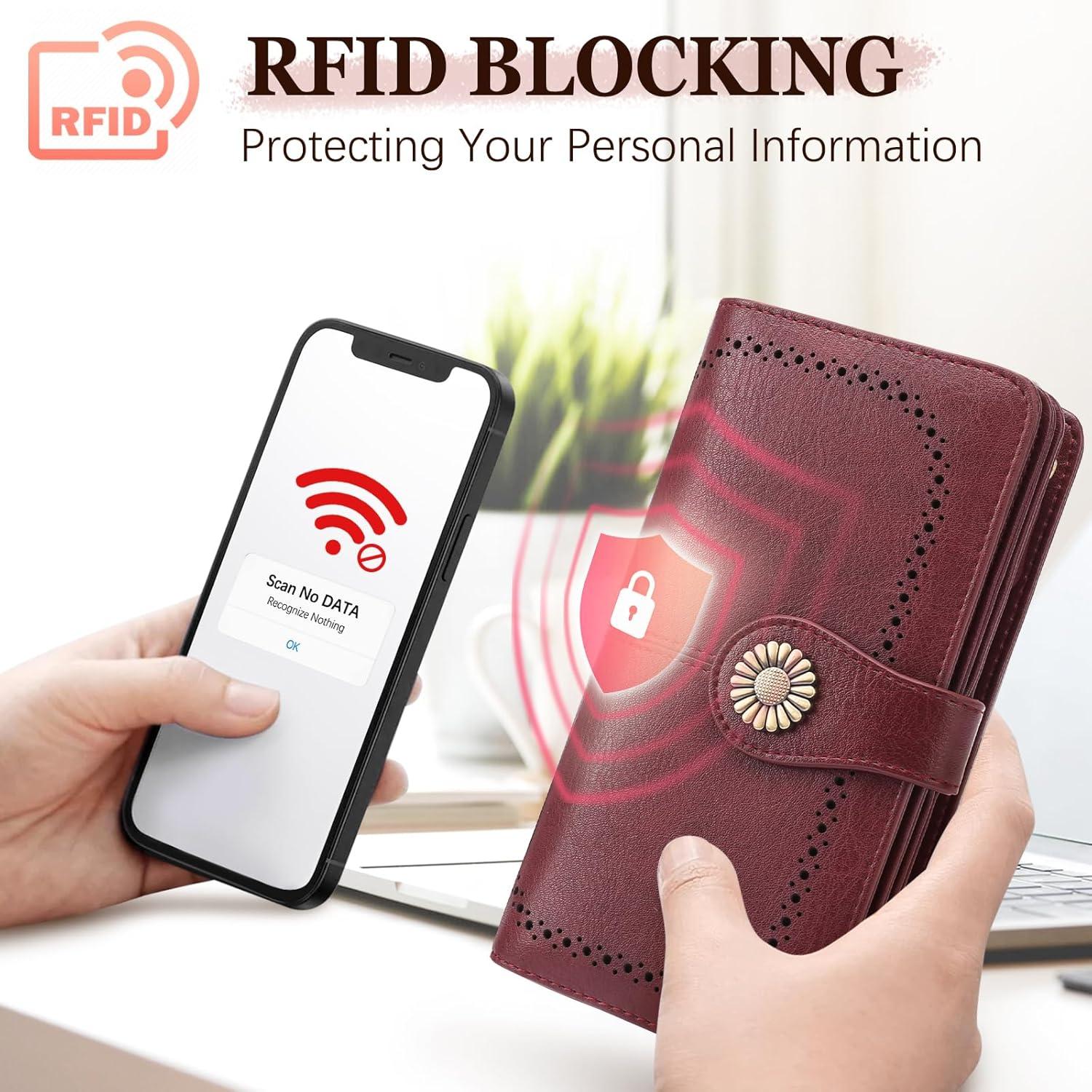 TEUEN Damen Geldbörse Leder Groß RFID Vintage Rot 24 Kartenfächer
