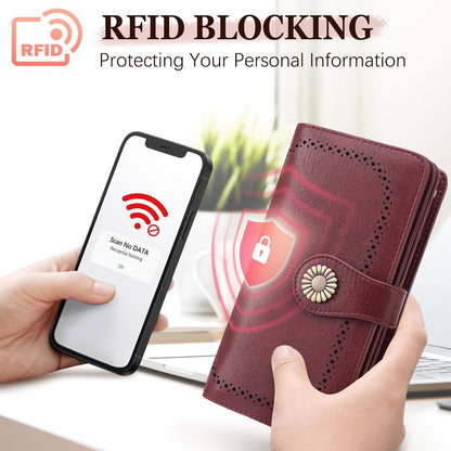TEUEN Damen Geldbörse Leder Groß RFID Vintage Rot 24 Kartenfächer