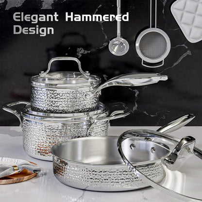 Edelstahl Kochtopfset 6tlg gehämmert Induktion Pfanne 16/20/24cm