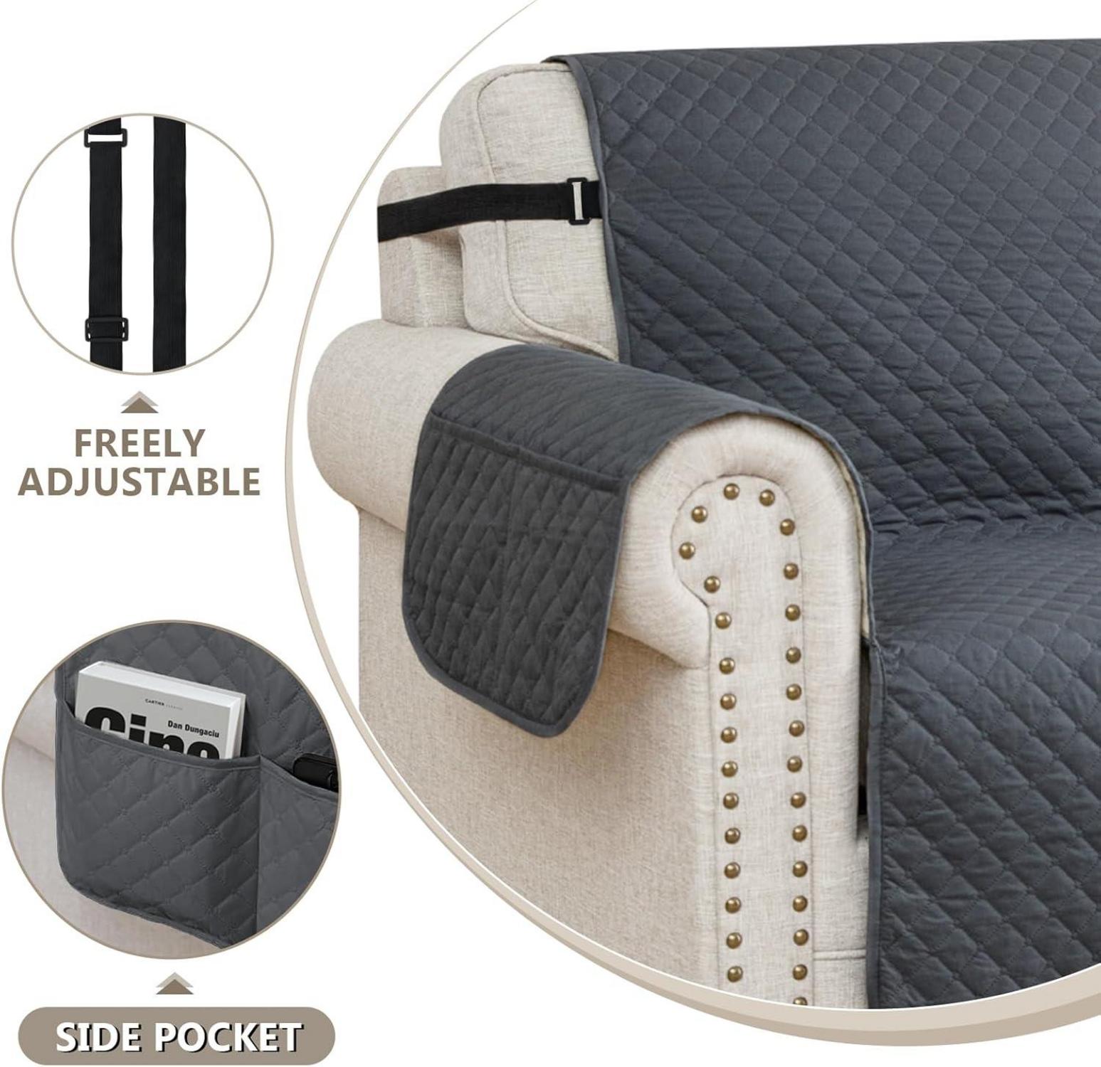 Wasserdichter Sofabezug 2 Sitzer Reversible mit Seitentaschen dunkelgrau