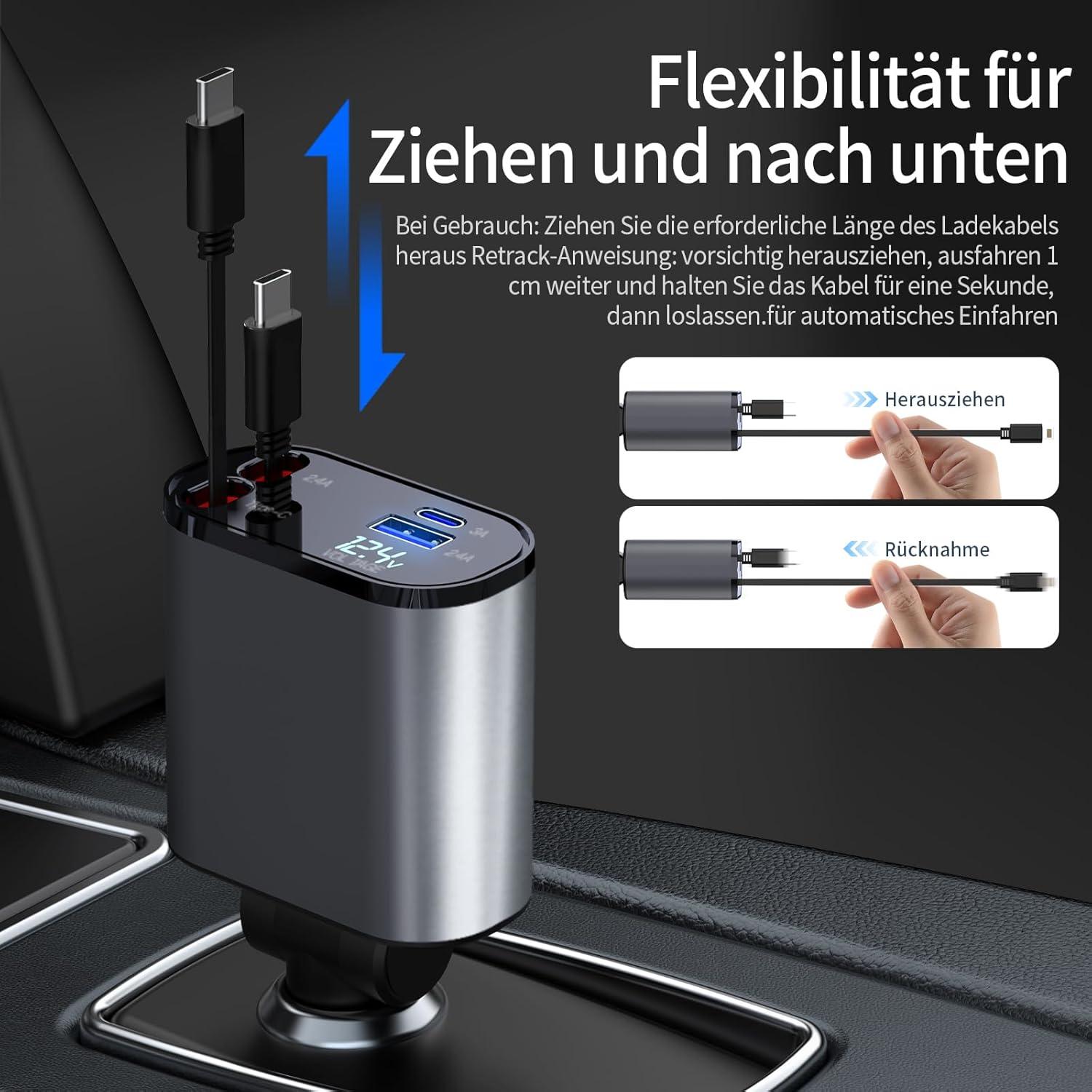 Einziehbares Auto Ladegerät 60W für iPhone Galaxy Google Pixel