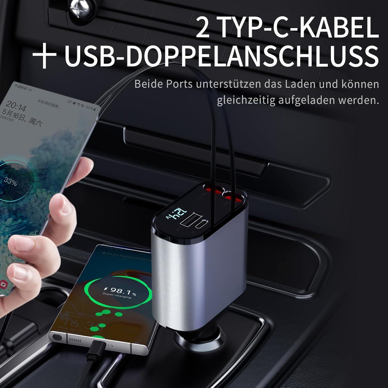 Einziehbares Auto Ladegerät 60W für iPhone Samsung Galaxy Google Pixel HuaWei