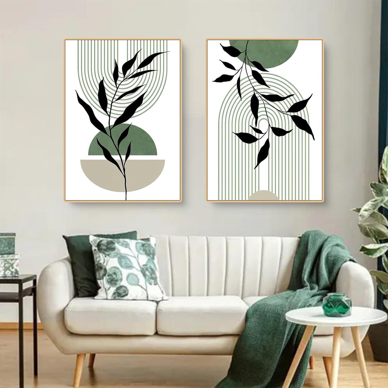 3er Set Premium Poster Grün Blätter, Abstrakt Kunst, Wandbilder