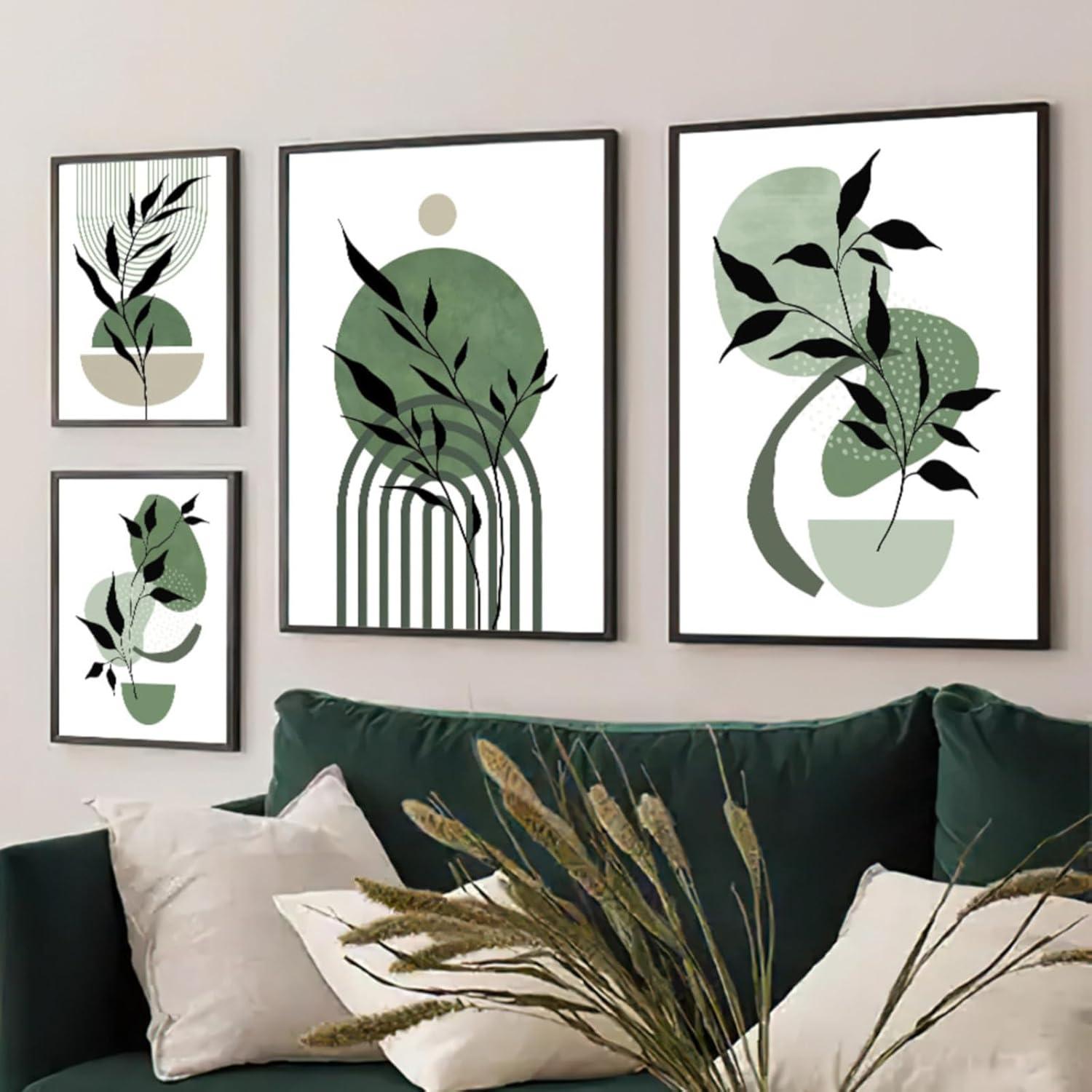 3er Set Premium Poster Grün Blätter Wandbilder für Wohnzimmer Schlafzimmer