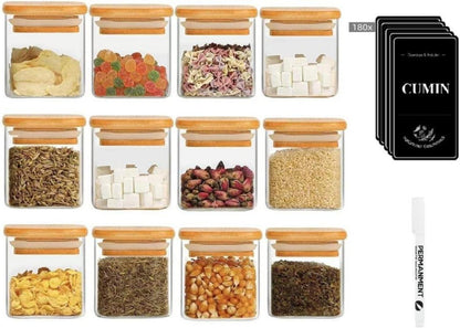 12er Set Gewürzgläser Bambusdeckel 120ml Organizer Etiketten