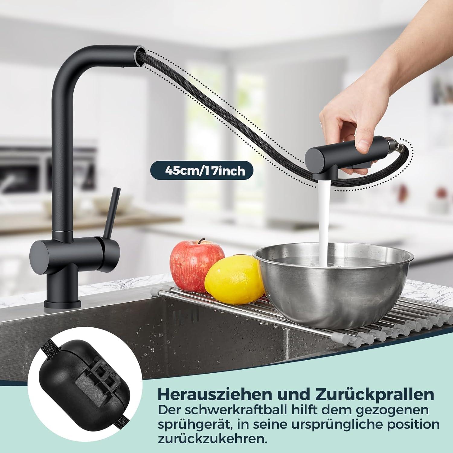 FORIOUS Schwarz Edelstahl Einhebel Wasserhahn Küche ausziehbar
