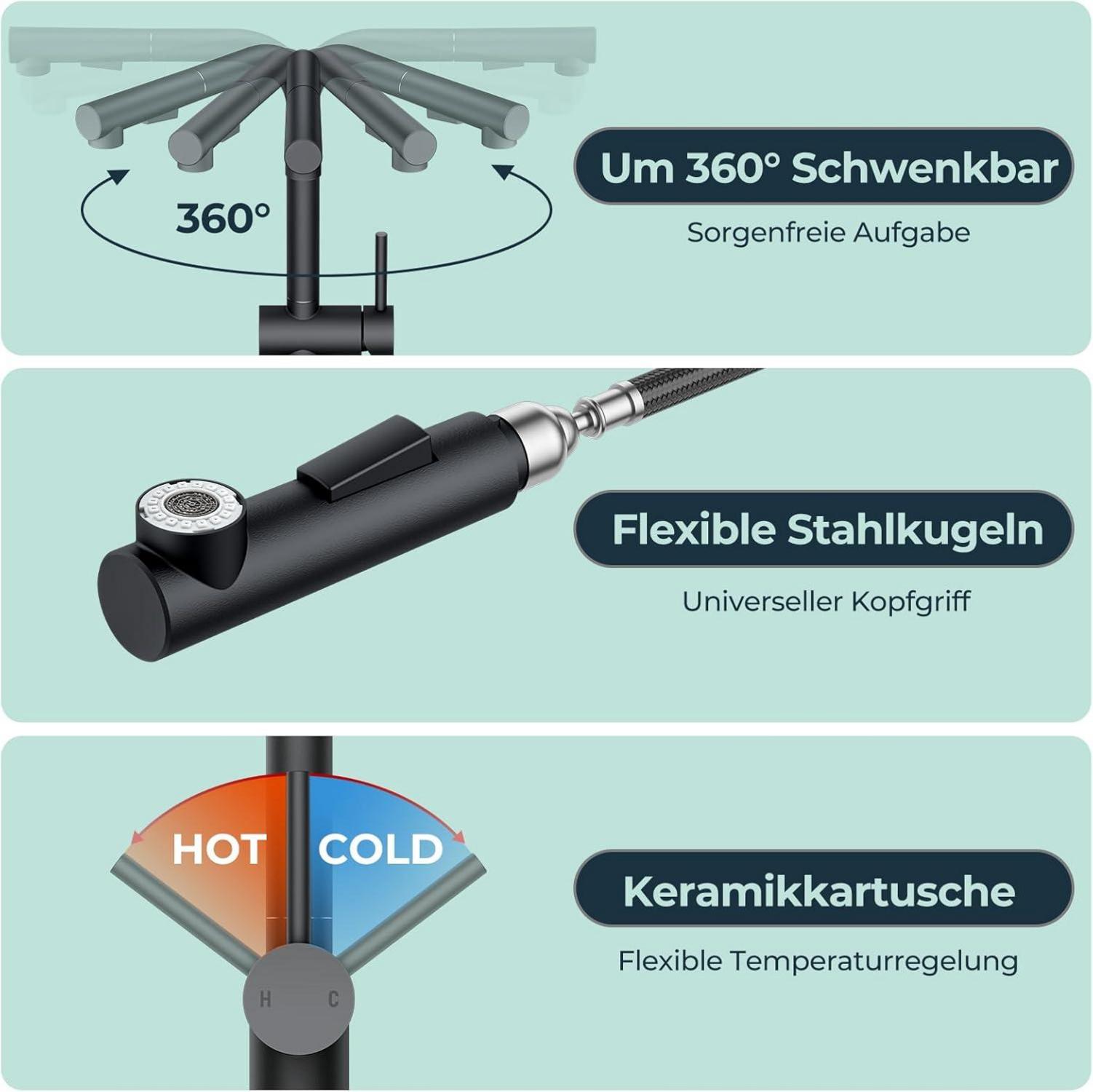 FORIOUS Schwarz Wasserhahn Küche Ausziehbar Edelstahl 360° Doppelfunktion