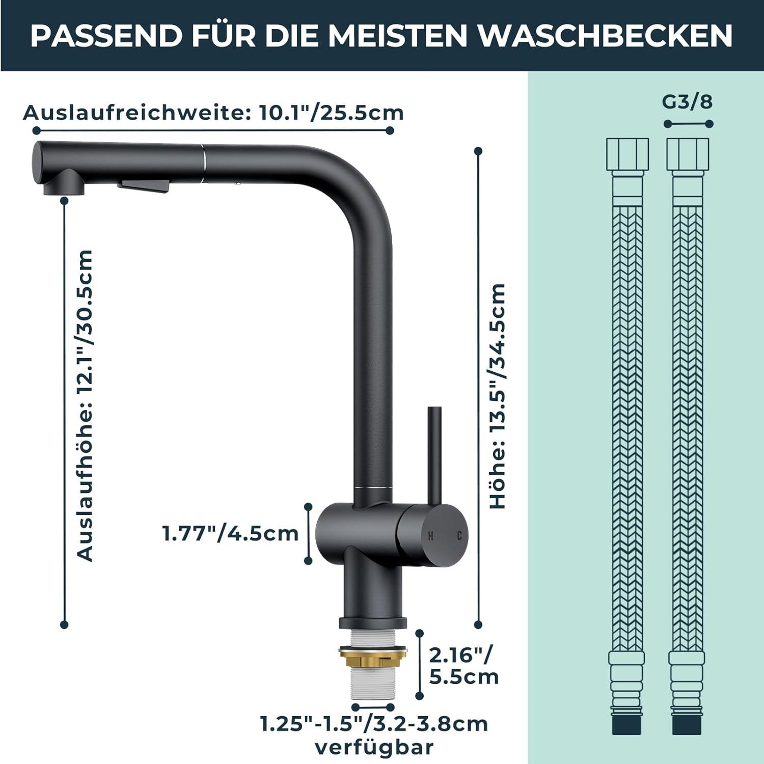 FORIOUS Schwarz Küchenarmatur mit Brause, 360° Drehbar, Edelstahl