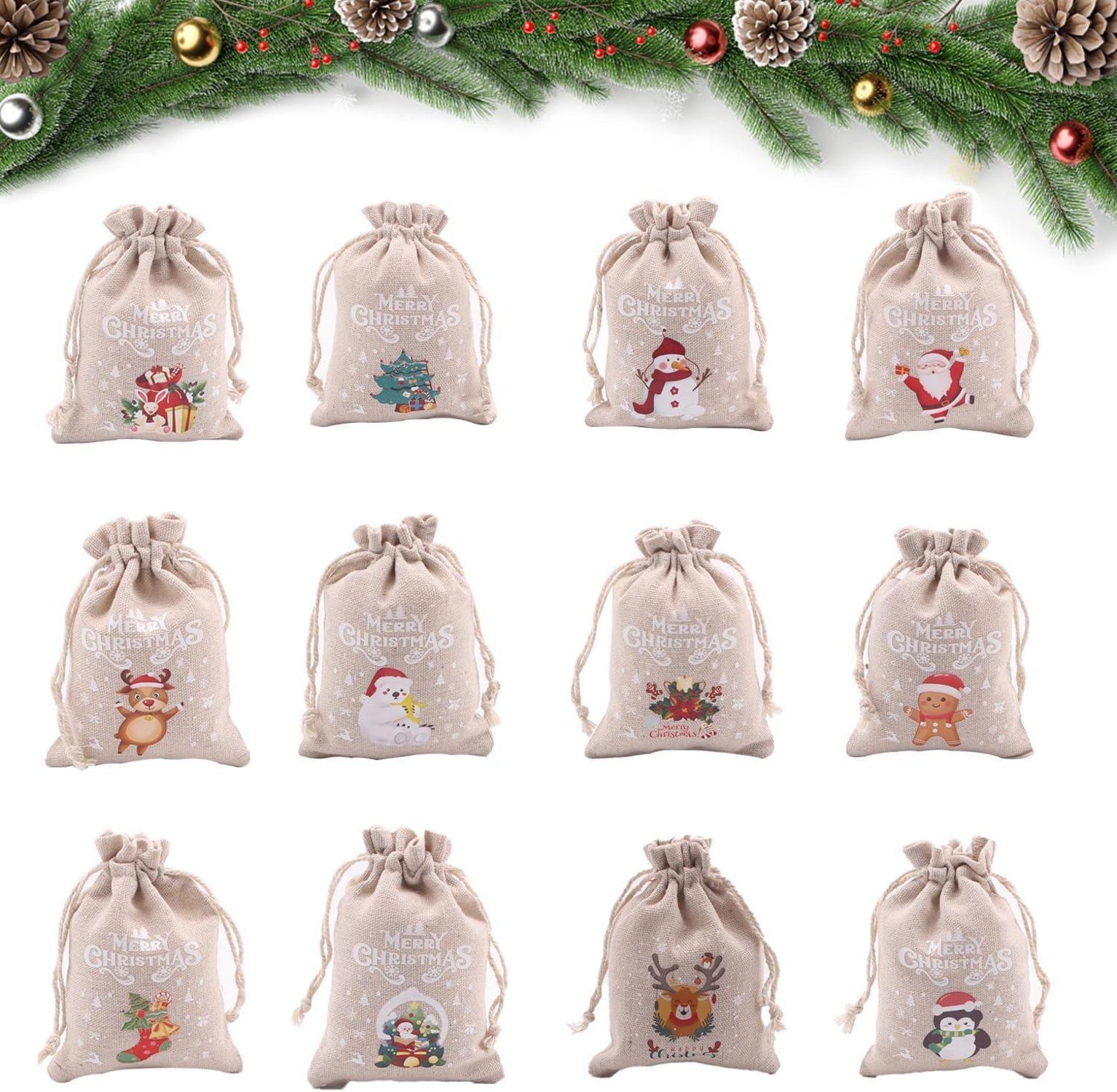 12er Set Weihnachten Drawstring Geschenktüten Jutesäckchen mit