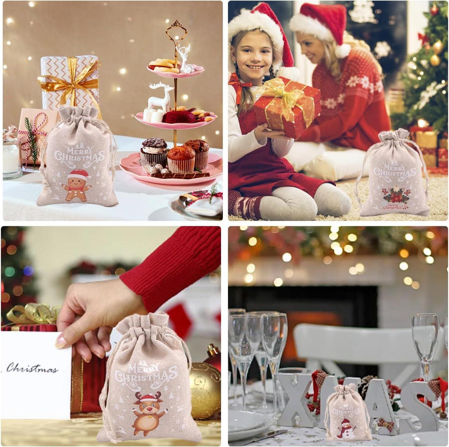 12 Weihnachten Jutesäckchen Geschenktüten mit Drawstring