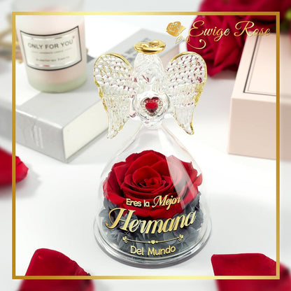 Beste Schwester Geschenk: Engel Figur Ewige Rose in Glaskuppel