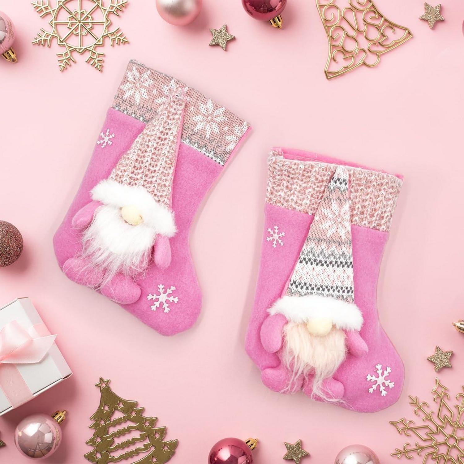 Nikolausstrumpf Kinder 2er Set, Rosa Weihnachtssocken Flanell Nikolausstiefel Kamindekoration