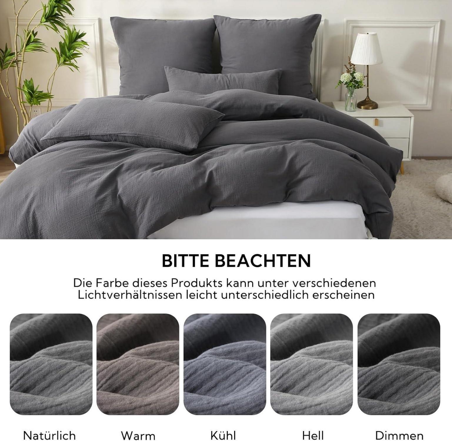 SOULFUL Doppelte Musselin Bettwäsche 155x220 Baumwolle Dunkelgrau 2tlg. Set mit