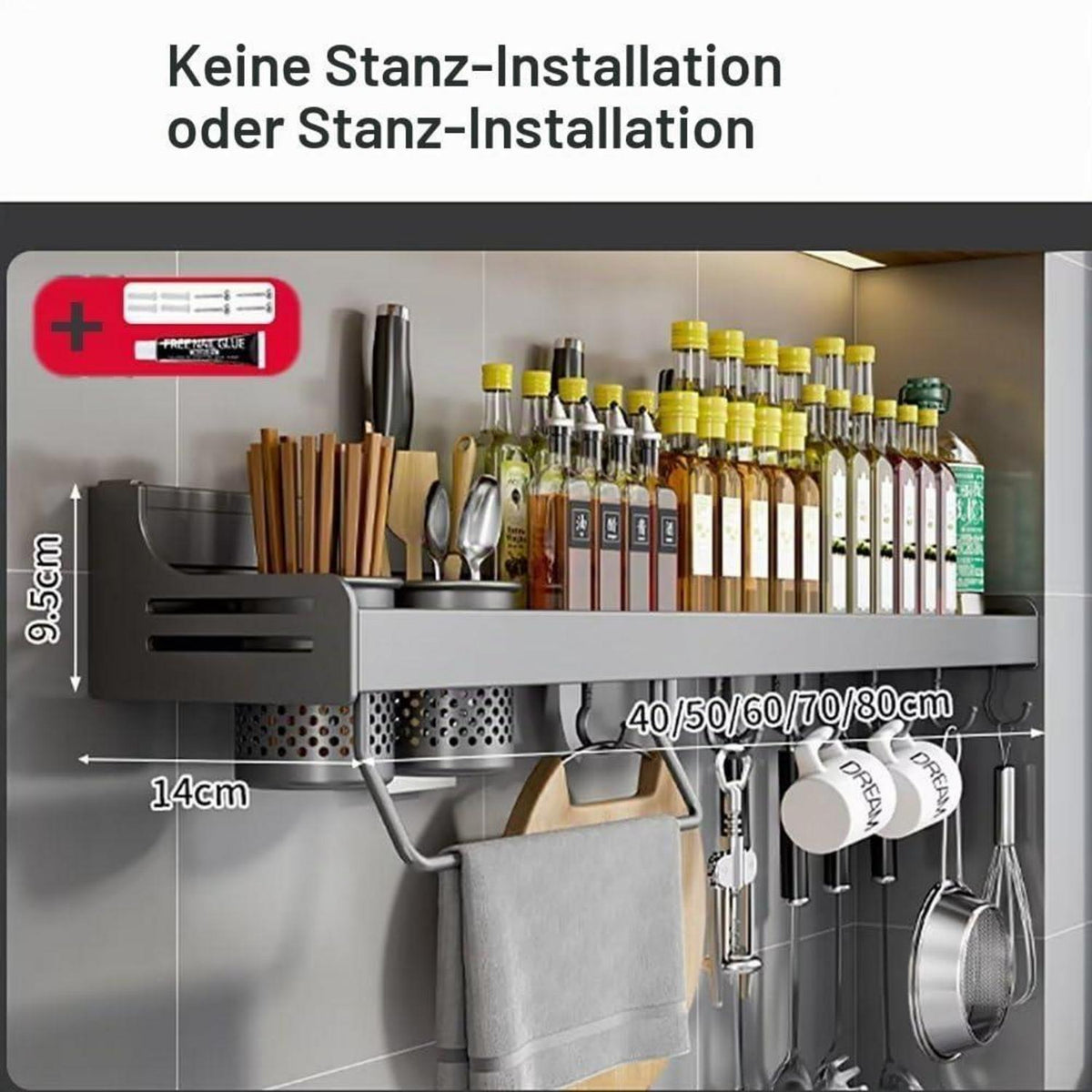 Gewürzregal Metall Grau ohne Bohren mit Haken und Tassen 40cm