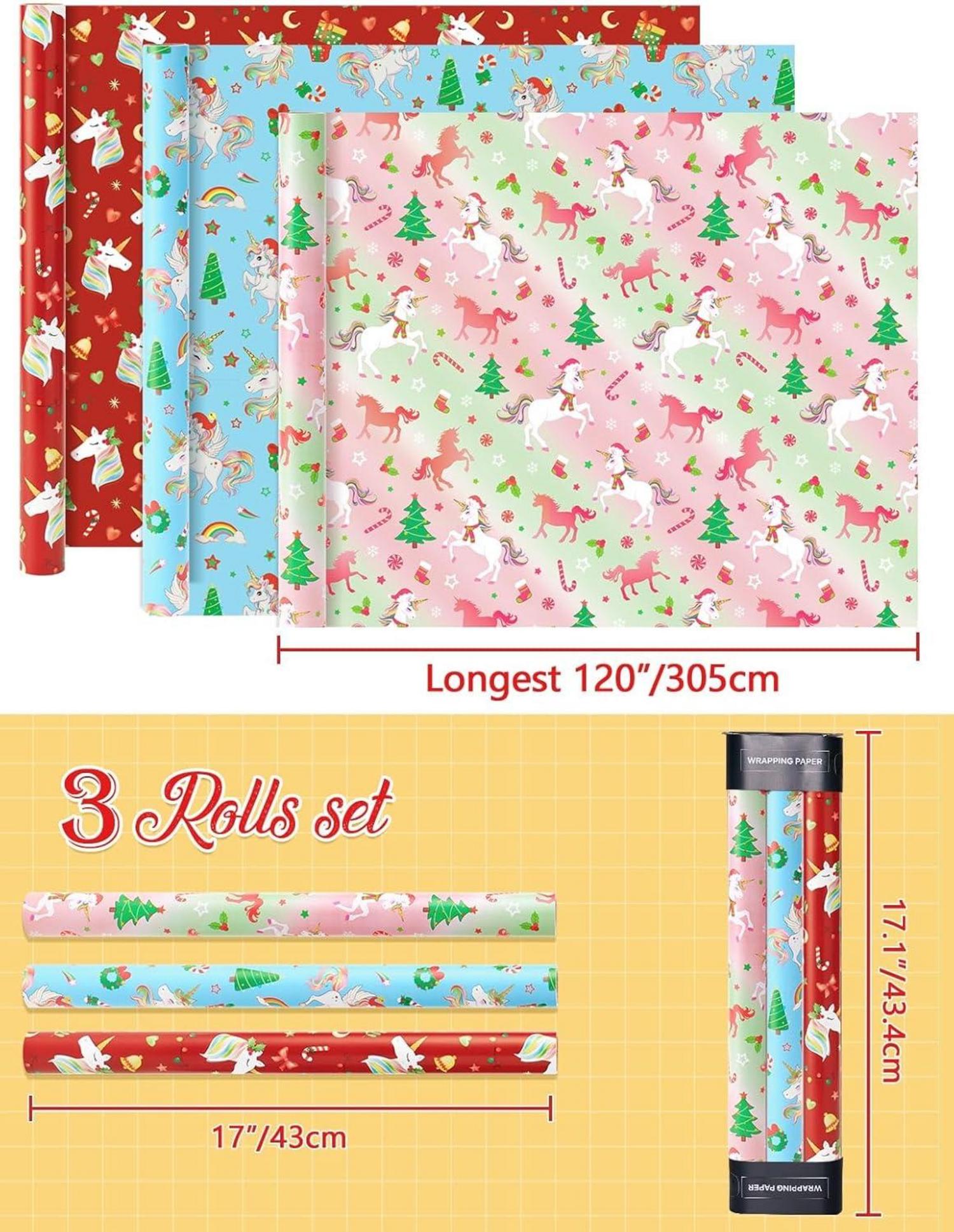 Weihnachts Einhorn Geschenkpapierrollen 3 Rollen Set 43,2x304,8cm