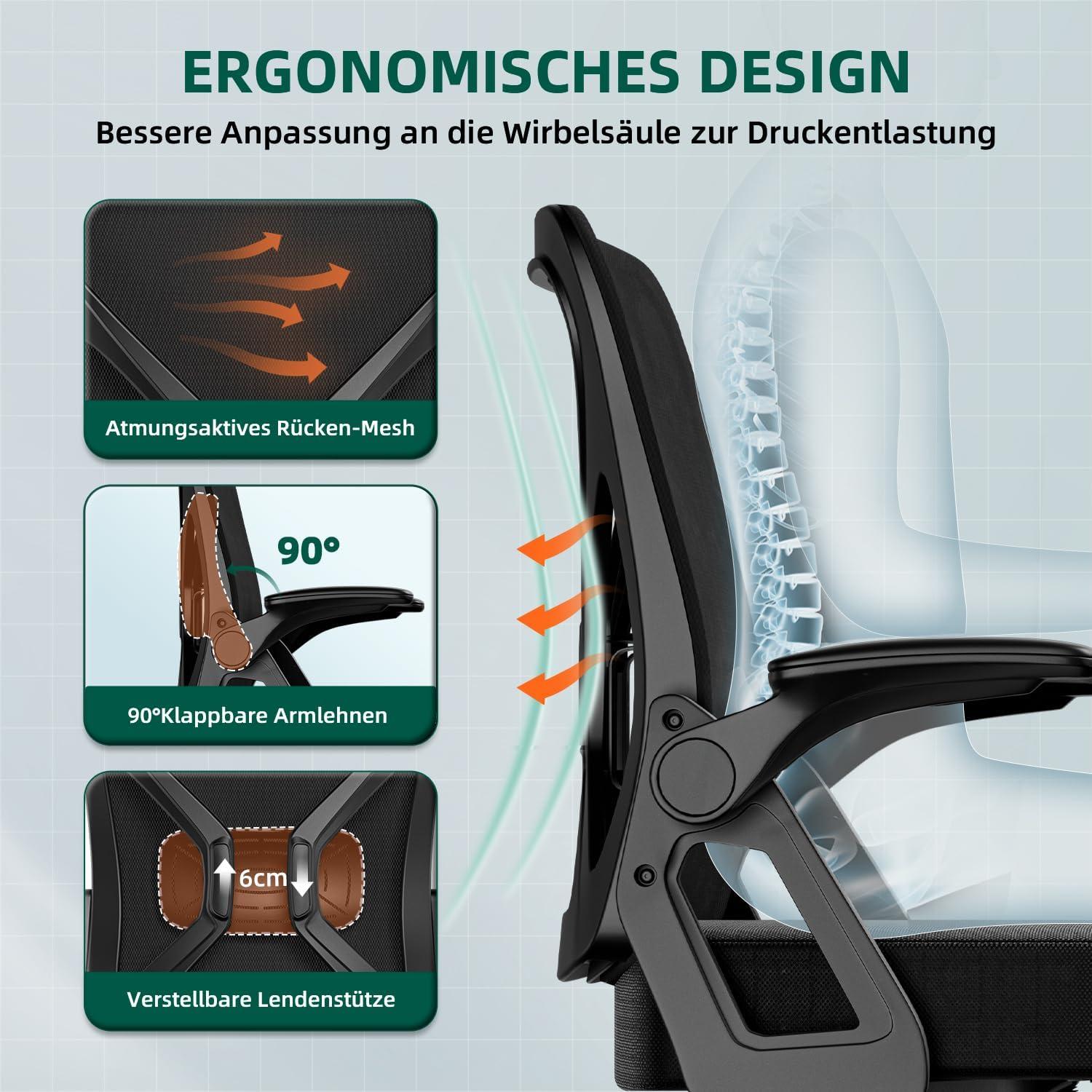 Ergonomischer Bürostuhl mit Armlehnen und Wippfunktion, Schwarz