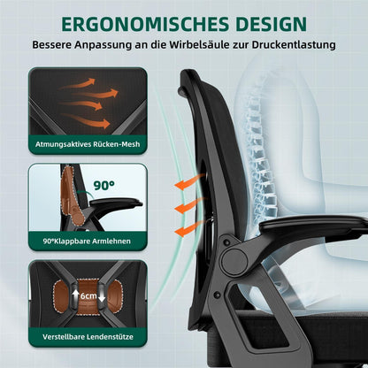 Ergonomischer Bürostuhl mit Armlehnen und Wippfunktion, Schwarz