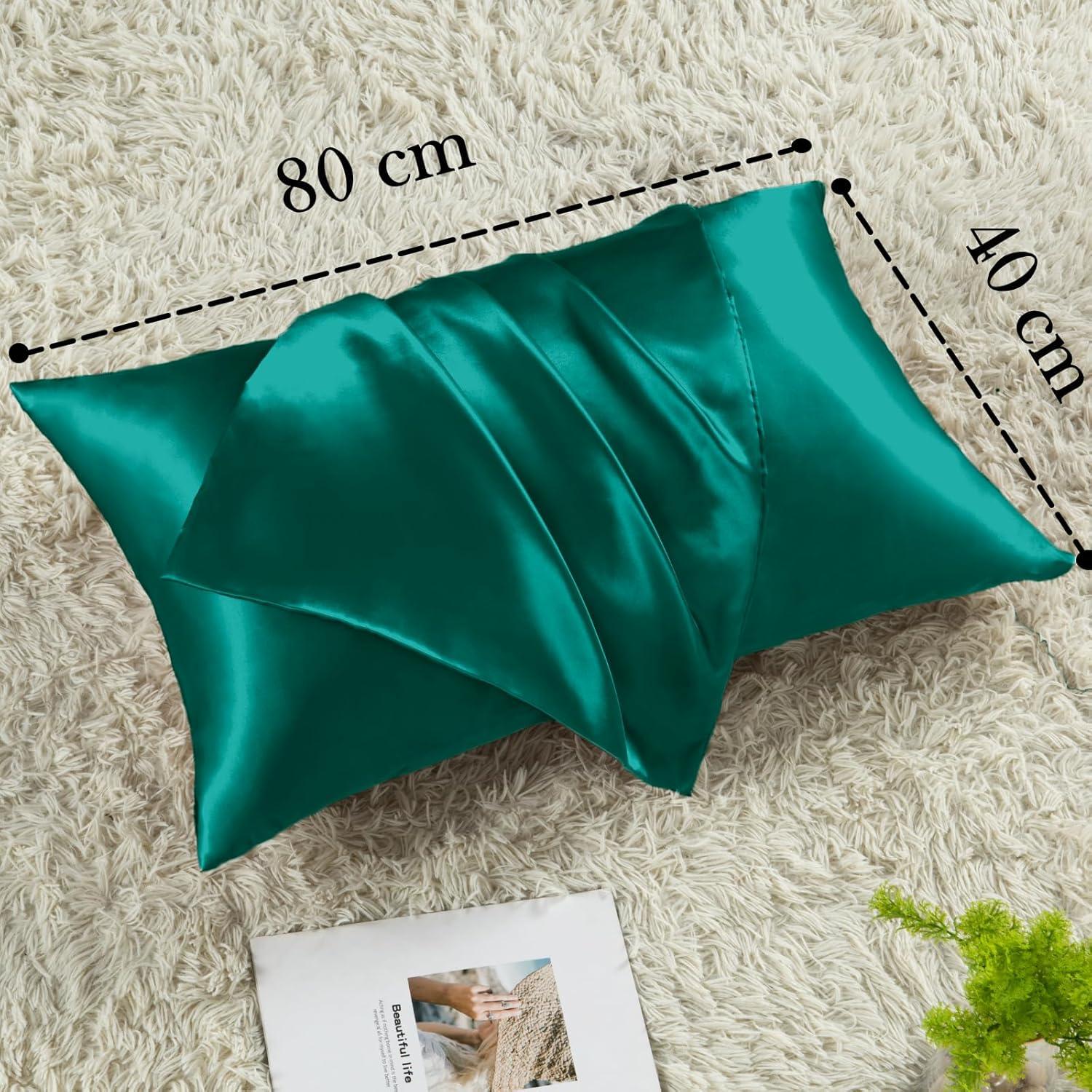 Satin Kissenbezug 40x80 Dunkelgrün 2er Set mit Haargummis