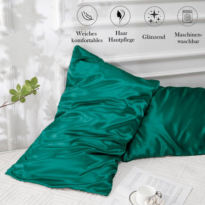 Satin Kissenbezug 40x80 Dunkel Grün 2er Set Haargummis Pflege 100% Baumwolle