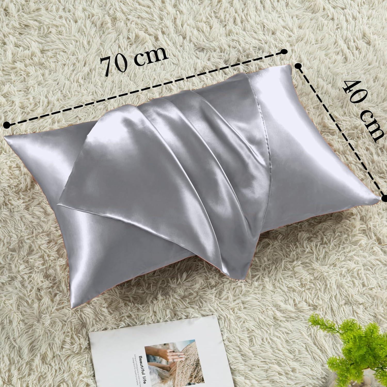 Satin Kissenbezug 2er Set Grau 40x70 mit Haargummis