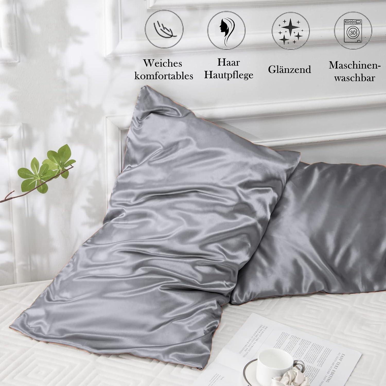 Satin Kissenbezug 2er-Set 40x70 Grau mit Haargummis