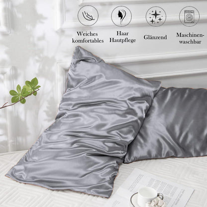 Satin Kissenbezug 2er-Set 40x70 Grau mit Haargummis