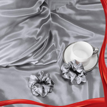 Satin Kissenbezug 2er Set 70x40 Grau mit Haargummis