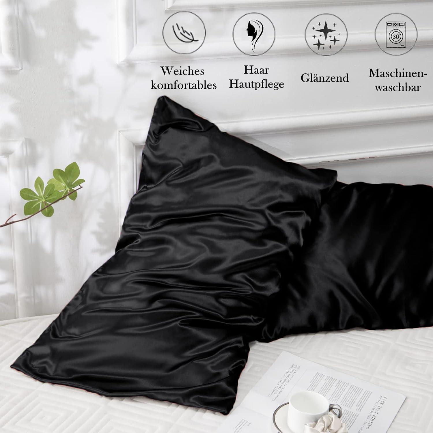 2er-Set Satin Kissenbezug 70x40 Schwarz mit Haargummis