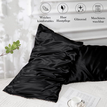 2er-Set Satin Kissenbezug 70x40 Schwarz mit Haargummis