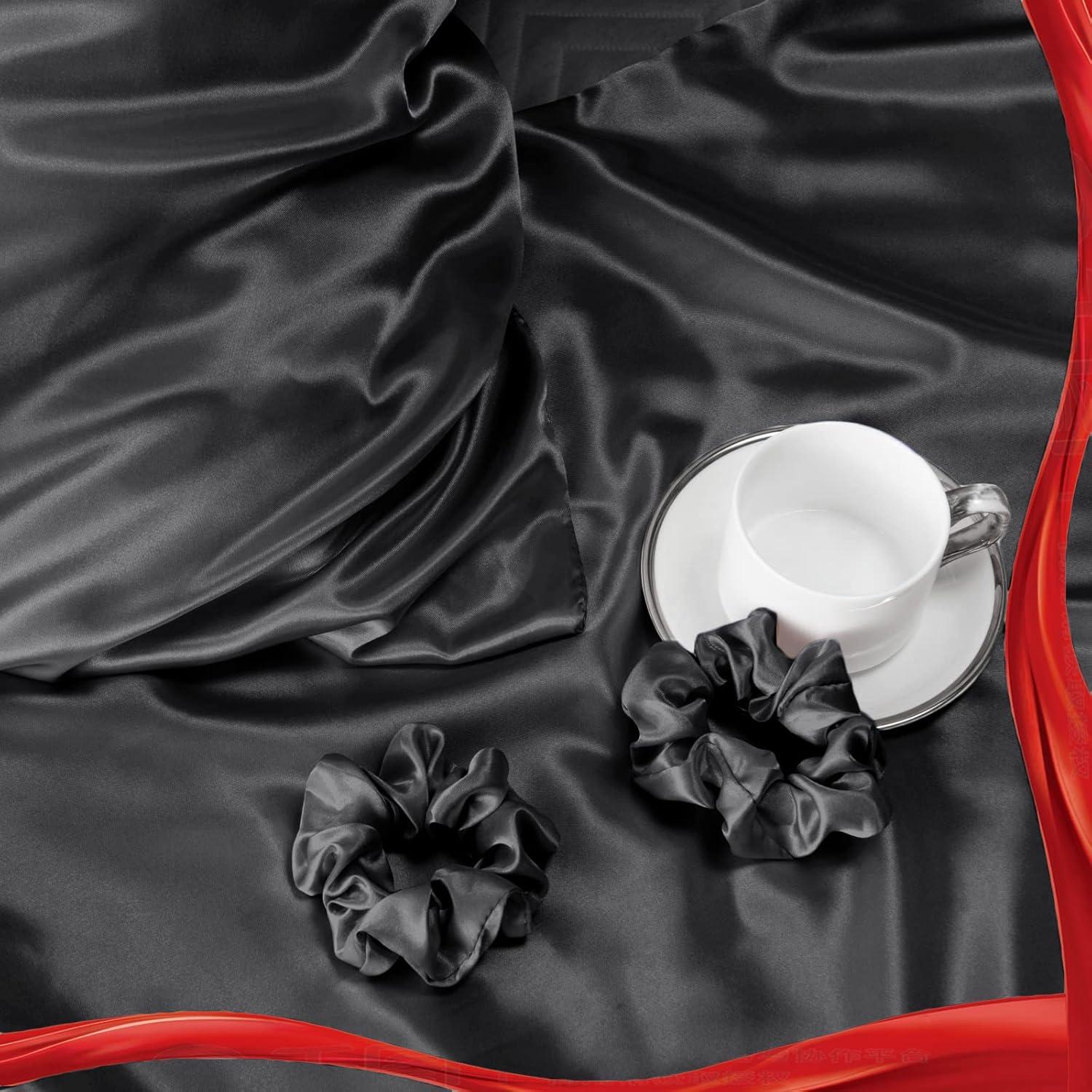 Satin Kissenbezug 2er-Set 40x70 Schwarz mit Haargummis