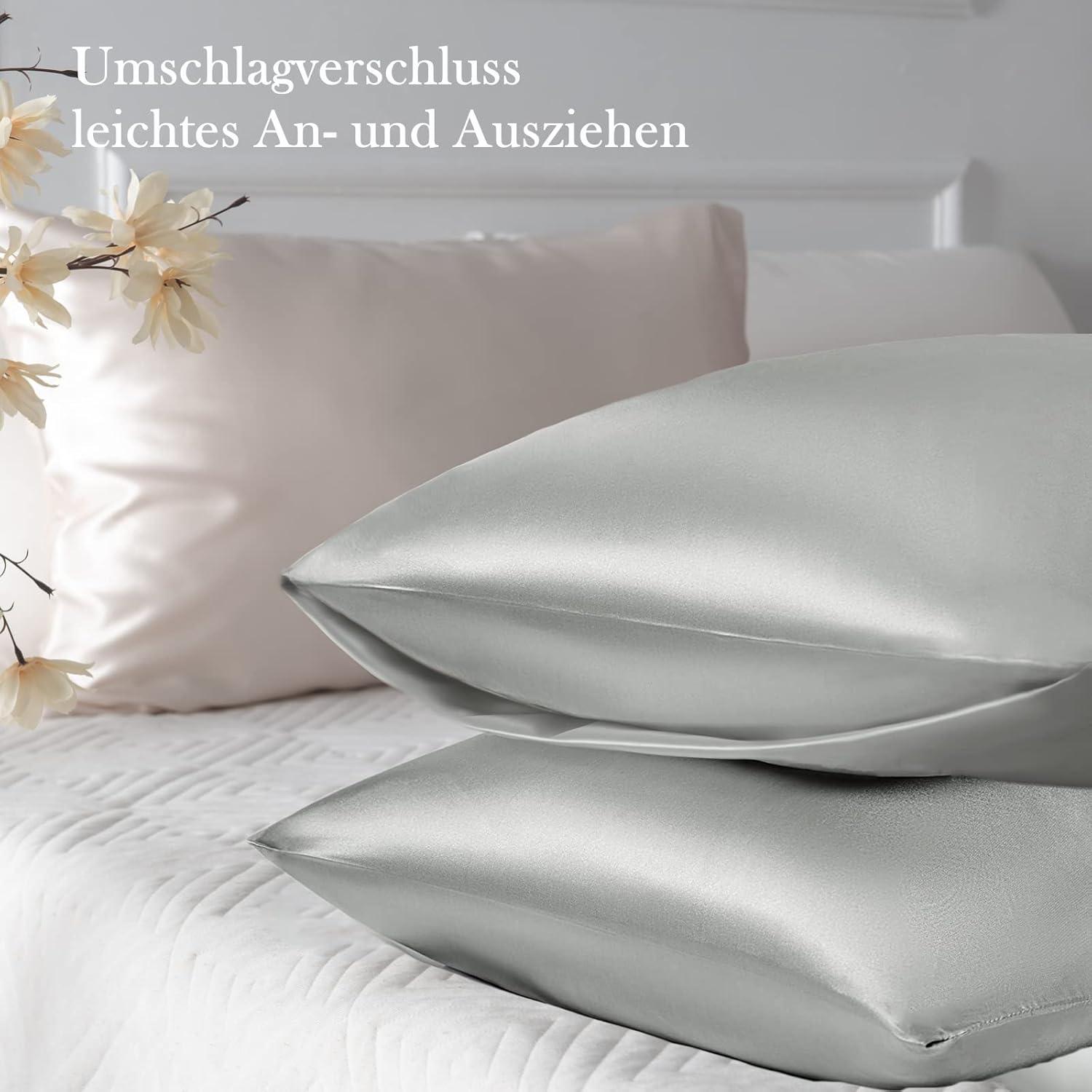 2er-Set Satin Kissenbezüge 40x70 mit Haargummis - Grau