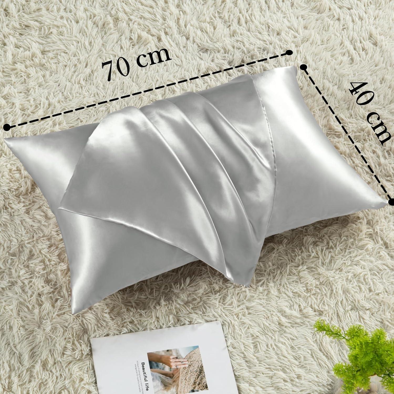 Satin Kissenbezug 2er-Set 70x40 Silver Grau mit Haargummis