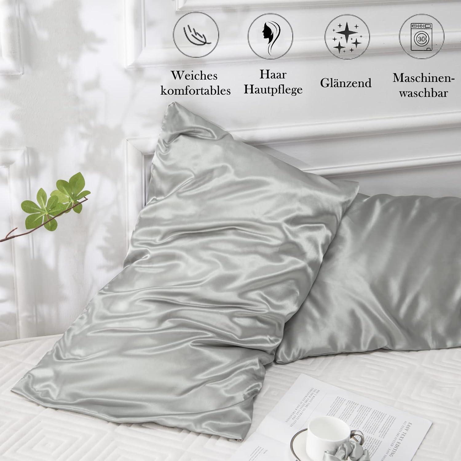 Satin Kissenbezug Set 2 Stück 40x70 Silber Grau Haargummis - Seidig Weich