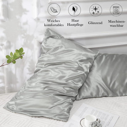 Satin Kissenbezug Set 2 Stück 40x70 Silber Grau Haargummis - Seidig Weich