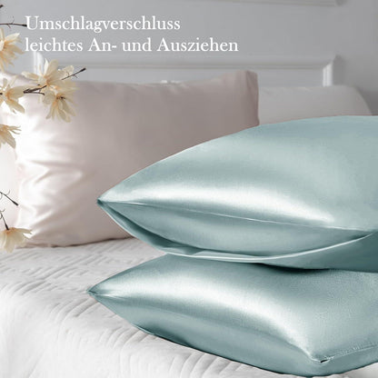 Satin Kissenbezug 2er-Set Grün 40x70 + Haargummis
