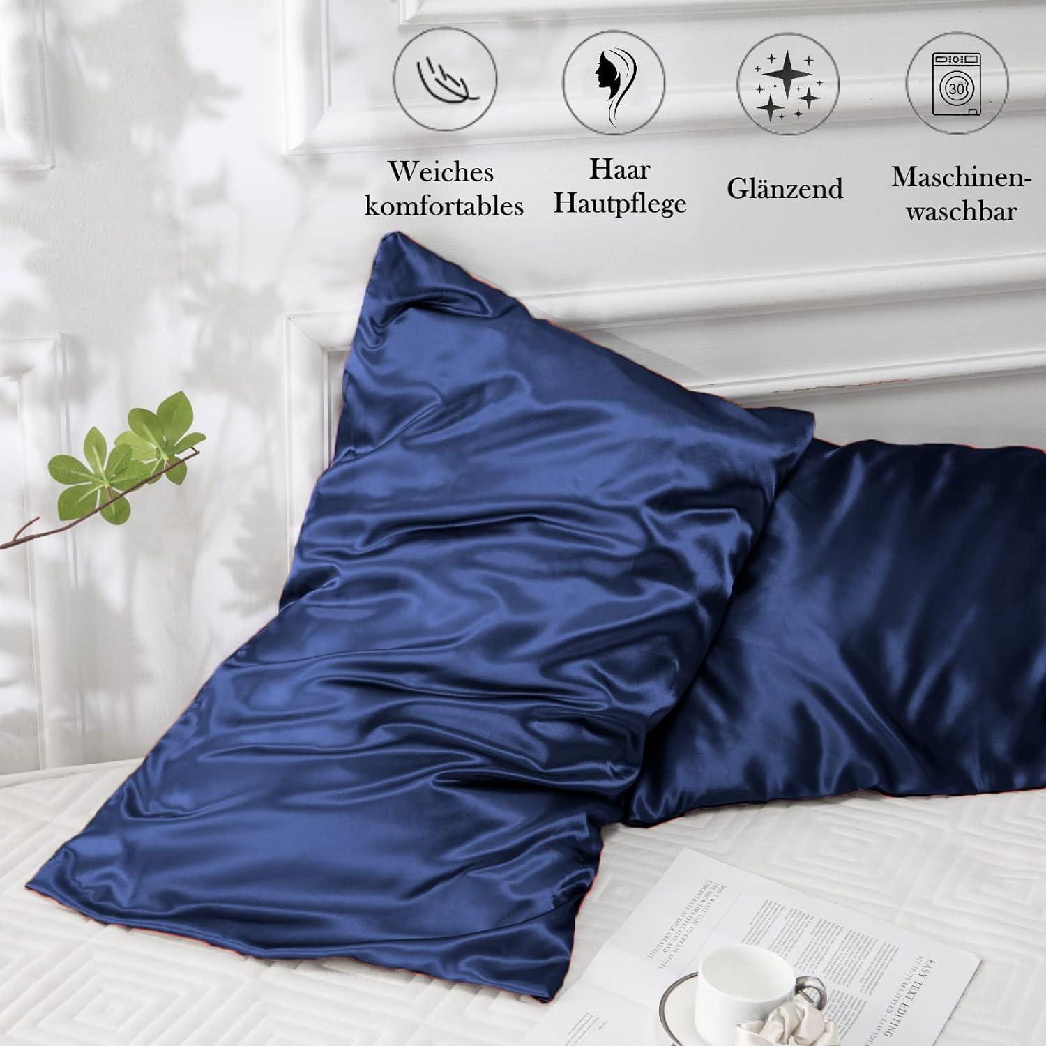 Satin Kissenbezug 2er-Set Dunkelblau 70x40 Haargummis neu
