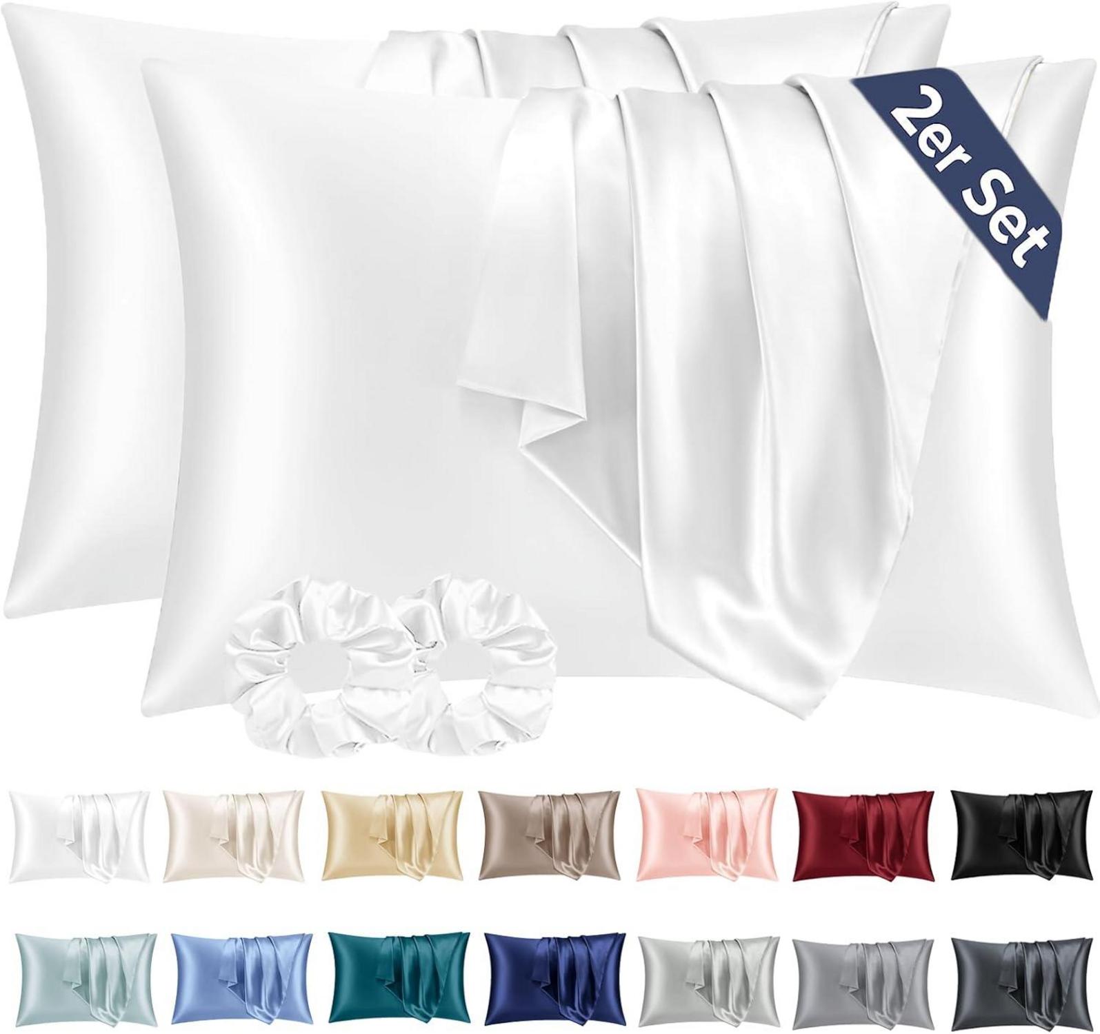 Satin Kissenbezug 70x40 Weiß 2er-Set Haargummis Inklusive